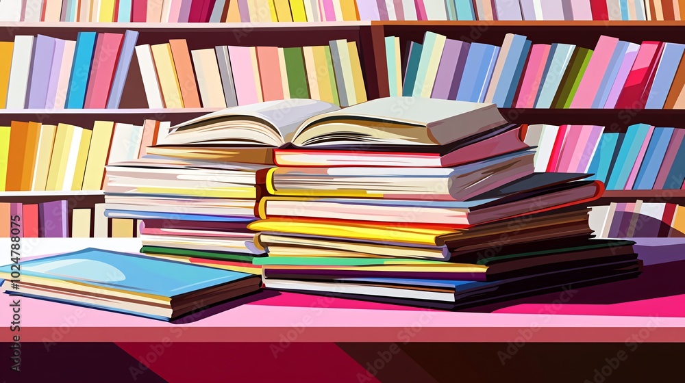 Poster a stack of books on a table in front of a bookshelf.