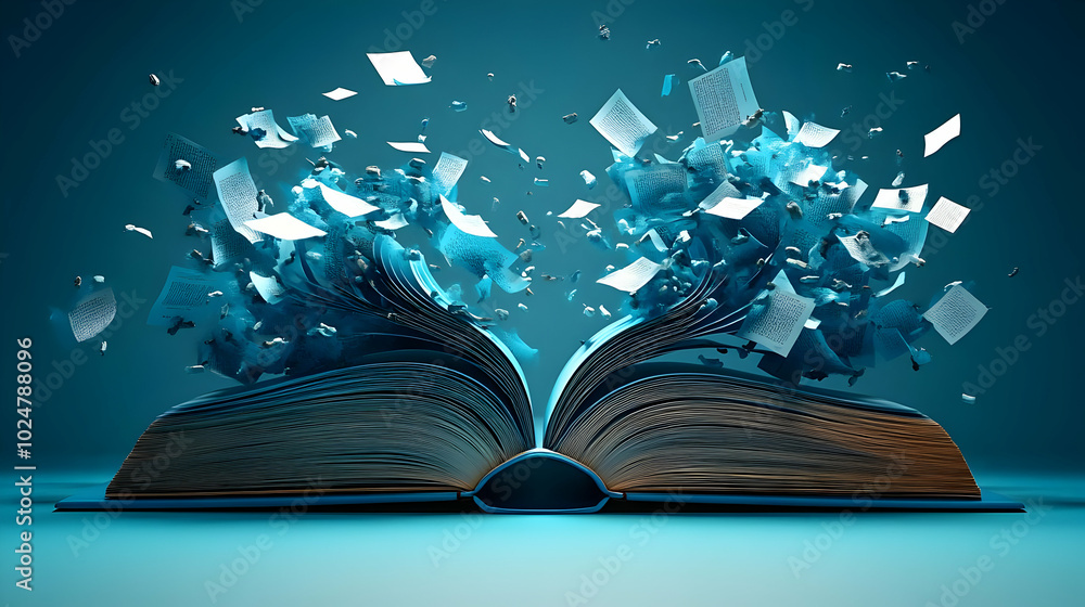 Poster an open book with pages exploding into blue particles.
