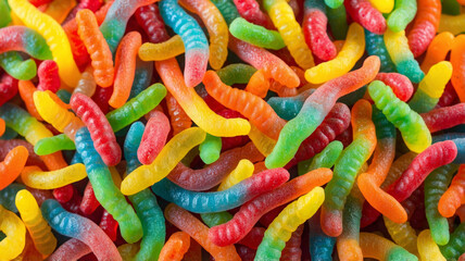 Sweet gummy worms covered in sugar and having various fruity flavors