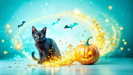 A black cat with bright eyes sits beside a glowing carved pumpkin, surrounded by sparkling golden swirls. Bats fly above in a magical, Halloween-themed setting with copy space.AI generated.
