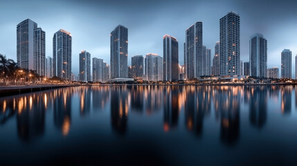 Fototapeta premium Panoramic view of a modern cityscape with numerous illuminated skyscrapers reflecting on a calm body of water during twilight.