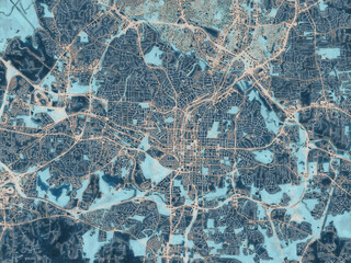 Painterly Style City Map of Raleigh North Carolina, USA in a Blue Color Scheme.