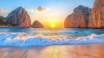 A stunning sunset over a beach with rocky cliffs in the distance.