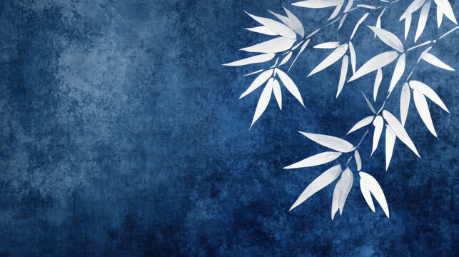 Illustration of white bamboo leaves on indigo blue background. ink wash painting texture with copy space for elegant card