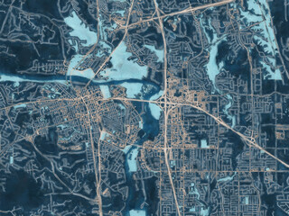 Painterly Style City Map of Redding California, USA in a Blue Color Scheme.