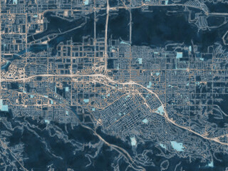 Painterly Style City Map of Redlands  California, USA in a Blue Color Scheme.