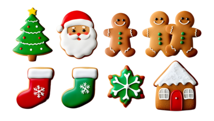 Set of christmas cookies, christmas tree, santa, gingerbread man, house, sock, snowflake