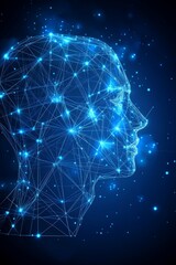 Artificial Intelligence. Wireframe Head On Blue Background With Dots, Lines. 3D Render.