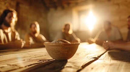A close-up of bread at the Last Supper with the apostles softly blurred in the background.