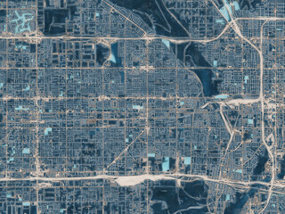 Painterly Style City Map of Rialto California, USA in a Blue Color Scheme.