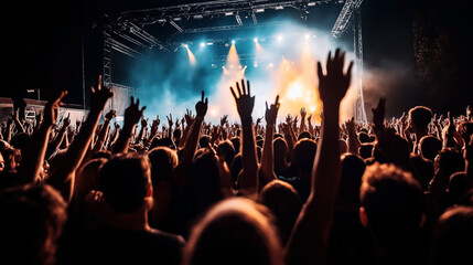Fototapeta na wymiar Crowd of people at a nighttime music concert with raised hands and illuminated stage lights.