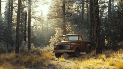 Bright truck surrounded by tall, slender trees in a minimalist natural setting, with soft sunlight filtering through the leaves.