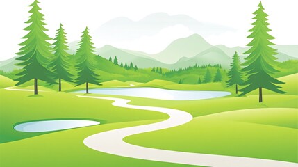 A winding path through a lush green meadow with pine trees, a lake, and a mountain range in the background.