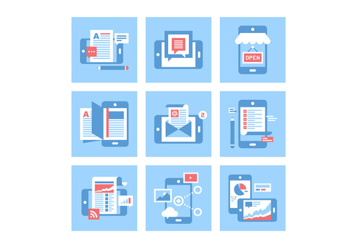 Abstract vector set of flat mobile applications and services icons.