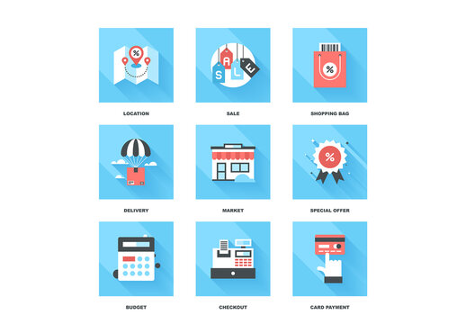 Vector set of flat shopping and commerce icons with long shadow. Icon pack includes following themes - location, sale, retail, delivery, market, discount, budget, new product, card payment