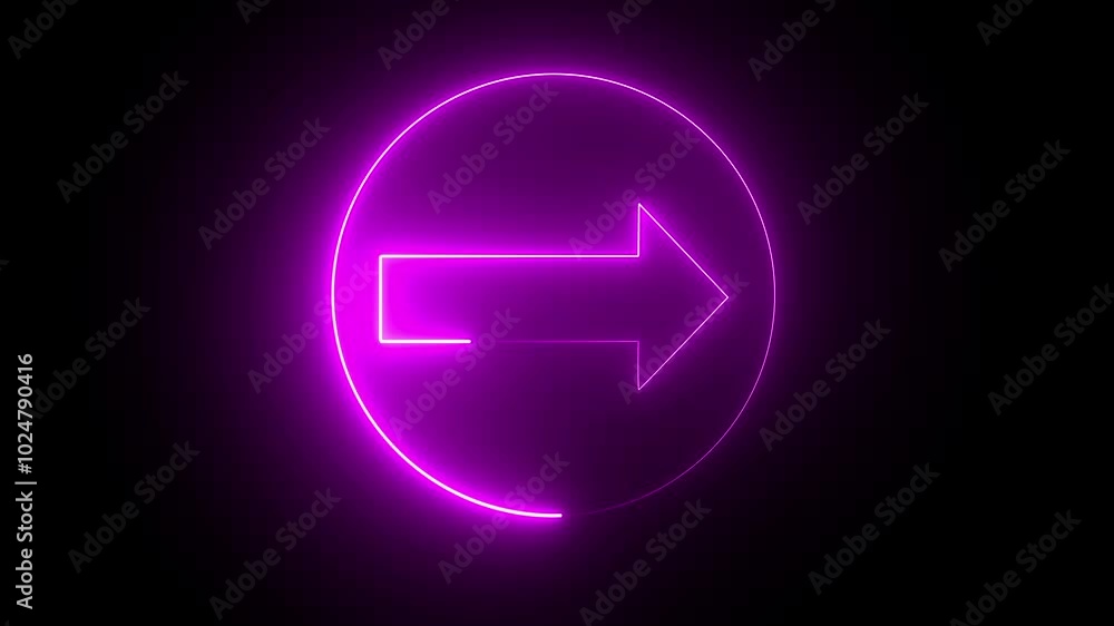 Poster glowing neon purple color right direction arrow sign animation icon signal moving pointer animated s