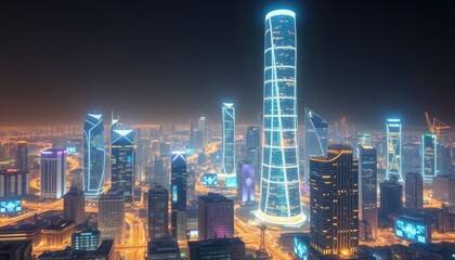 Obraz premium AI-driven city with glowing skyscrapers and holographic ads, showcasing the futuristic urban landscape powered by artificial intelligence technologies. AI-generated