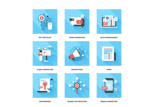 Vector set of flat digital marketing icons. Icon pack includes following themes - pay per click, video marketing, blog management, email marketing, promotion, news, keywording, SEO, mobile marketing