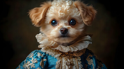 A dog dressed in a vintage outfit with intricate details.
