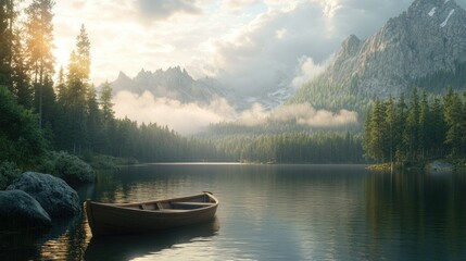 Obraz premium A beautiful shot of a small wooden boat on a serene mountain lake, surrounded by lush pine trees and dramatic cliffs, with soft sunlight filtering through the clouds, enhancing the natural beauty.