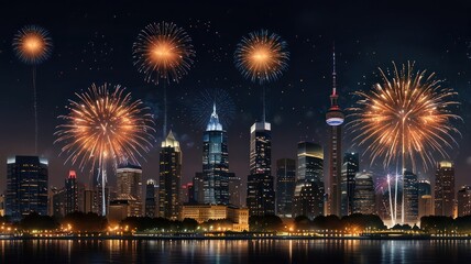 Fototapeta premium A vibrant cityscape skyline illuminated by a dazzling fireworks display.