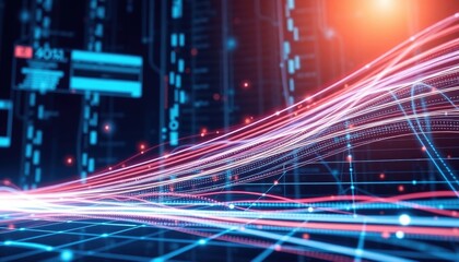 Obraz premium Tech grid with flowing data streams and glowing lines, representing the seamless flow of information in a highly connected digital infrastructure. AI-generated