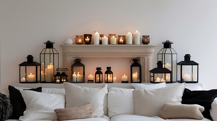 Experience the tranquility of a stylish home featuring a symmetrical arrangement of lanterns on a white mantelpiece each emitting warm gentle light creating a peaceful environment