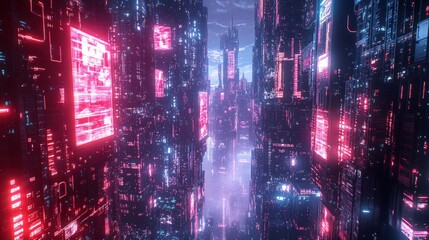 A futuristic city with glowing neon signs and intricate structures.
