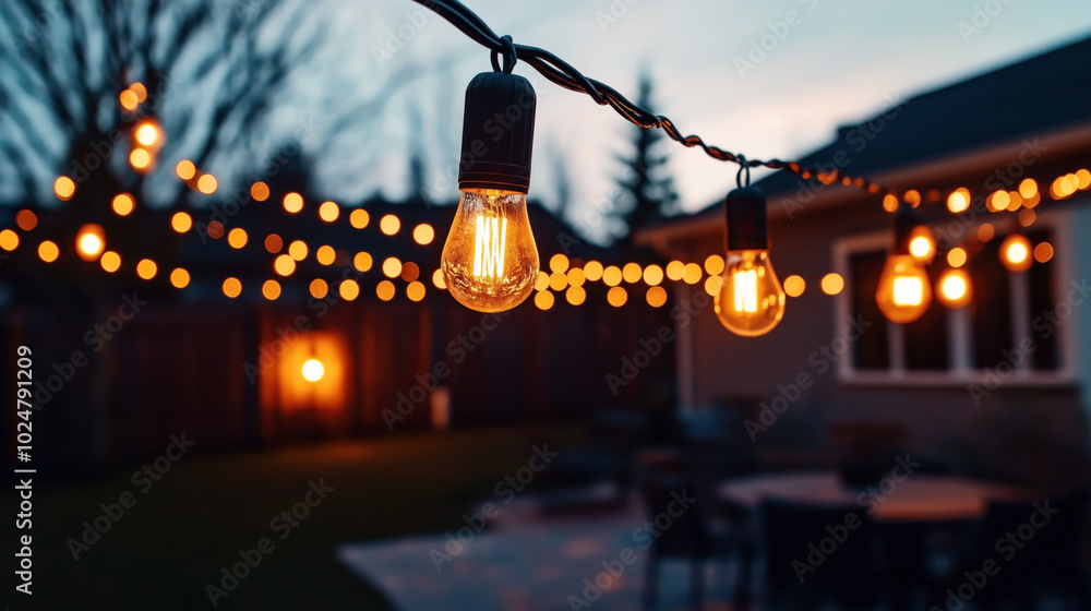 Sticker A backyard decorated with string lights during twilight, featuring hanging Edison-style bulbs illuminating the area with a warm, inviting glow.