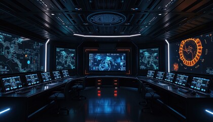 Obraz premium Dark futuristic control room with holographic displays, designed for advanced monitoring and real-time data visualization of critical systems. AI-generated