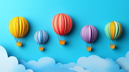 Paper cut hot air balloons in bright hues, floating in a clear sky for a playful decor, paper cut balloons, colorful whimsical design