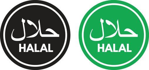 Black and green halal food icon set .  Halal food labels . Halal icon in arabic and english . Halal food certified icon vector