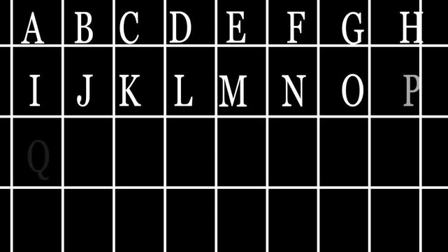 Animated abstraction moving letters white color creating visual language on black background. A to Z text animation.