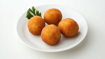 A beautifully styled shot of arancini rice balls with a crispy golden exterior, elegantly arranged on a white plate with ample copy space for text, perfect for showcasing this delicious Italian treat
