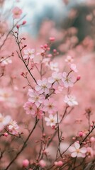 Delicate cherry blossoms showcase their soft pink hues while blooming in springtime. The blossoms stand out against a dreamy, blurred background filled with pastel blooms, creating a serene floral atm