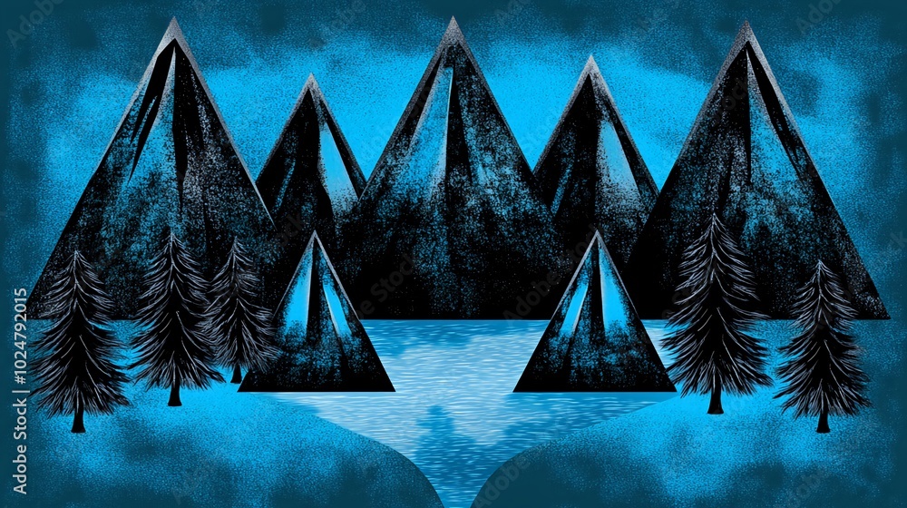 Poster abstract geometric mountain range with trees in a blue and black color scheme.