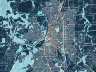 Painterly Style City Map of Salem Oregon, USA in a Blue Color Scheme.