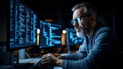 Middle-aged man with glasses coding on a computer in a dimly lit office. Multiple monitors display code, highlighting the focus on programming and technology work.