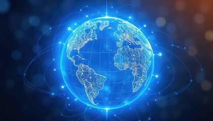 Obraz premium Holographic globe with data connections and a soft blue aura, illustrating global connectivity and the flow of digital information across networks. AI-generated