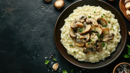 A captivating flat lay of creamy mushroom risotto in a brown plate on a black slate background, showcasing its delectable appearance with plenty of copy space for menus or promotional materials