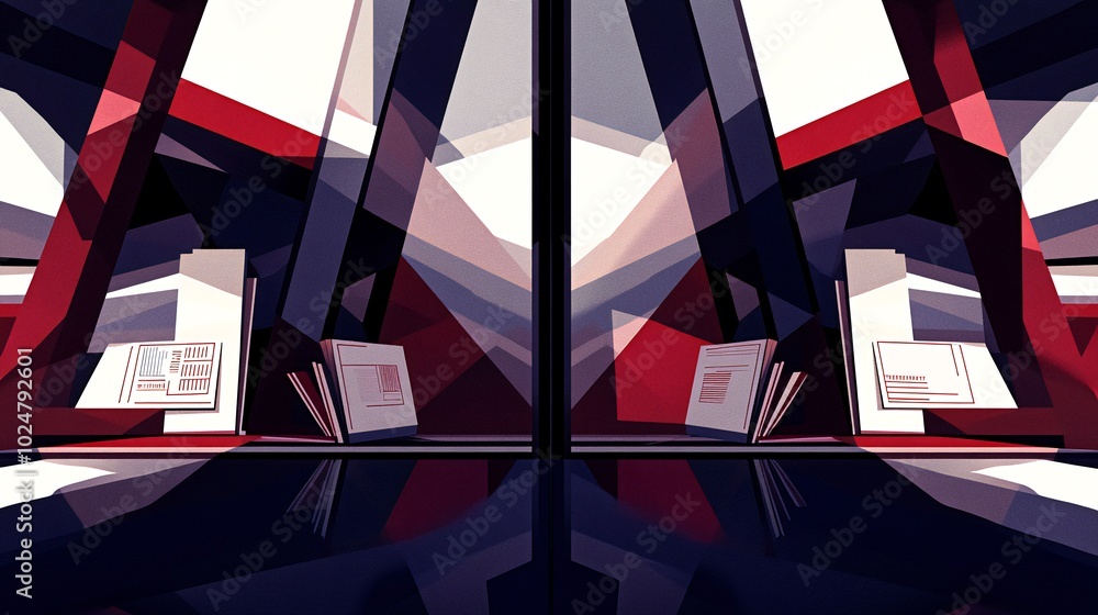 Poster abstract geometric structure with red and white elements and a reflective floor.