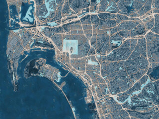 Painterly Style City Map of San Diego California, USA in a Blue Color Scheme.
