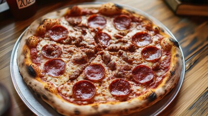 Delicious pepperoni pizza served on a silver platter in a cozy restaurant setting during a casual dining experience