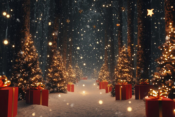 Illuminated Christmas Trees with Red and Golden Garlands in Snowy Forest Near Festive Red Gift Boxes and Snowflakes Shaped Like Stars