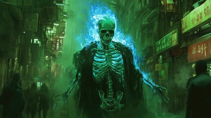Fototapeta premium A skeleton with blue flames burning fiercely, wandering in a city under green light, surrounded by shocked citizens