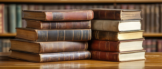 Two stacks of old leather-bound books on a wooden table with a blurred bookshelf in the background.
