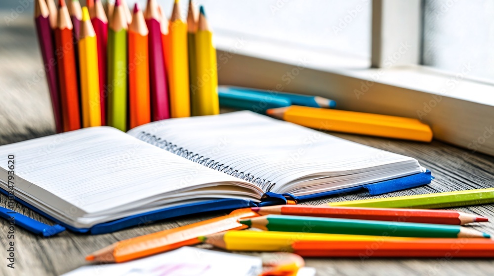 Poster an open notebook with colored pencils and a pen on a wooden table near a window.