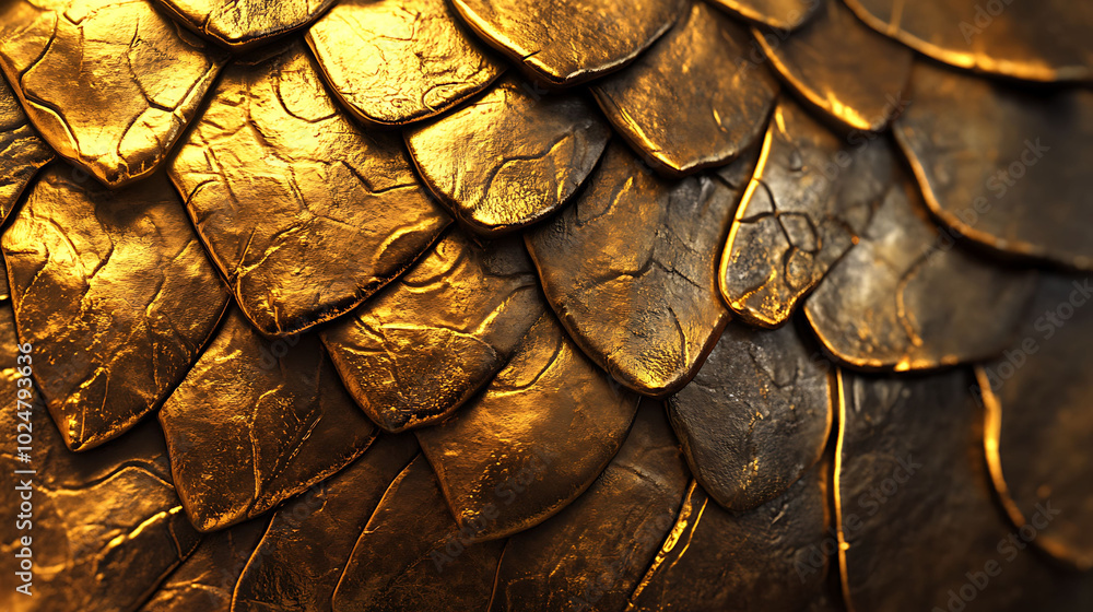 Aufkleber closeup of textured golden scales, creating an abstract background pattern.