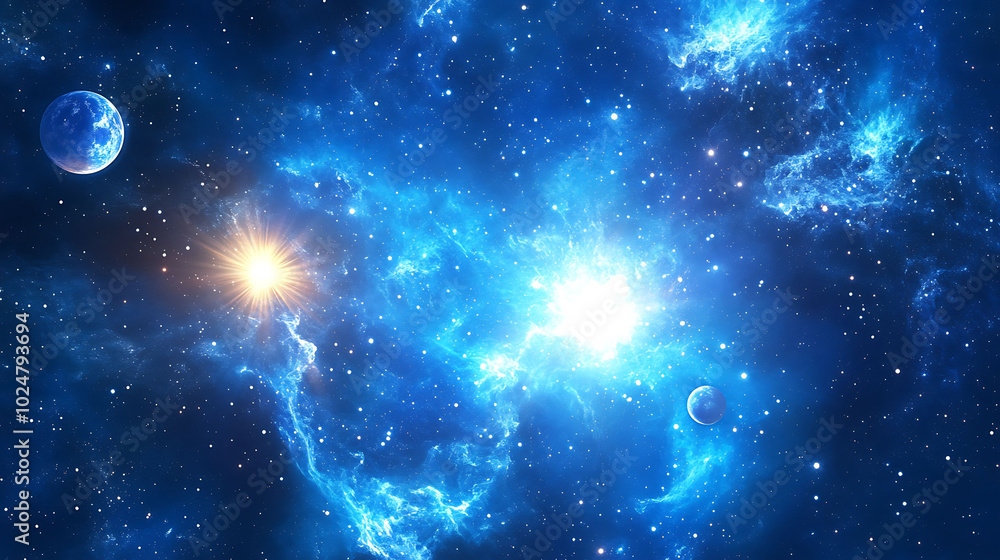 Poster a vibrant nebula with swirling clouds of gas and dust, illuminated by a distant star. two planets ar