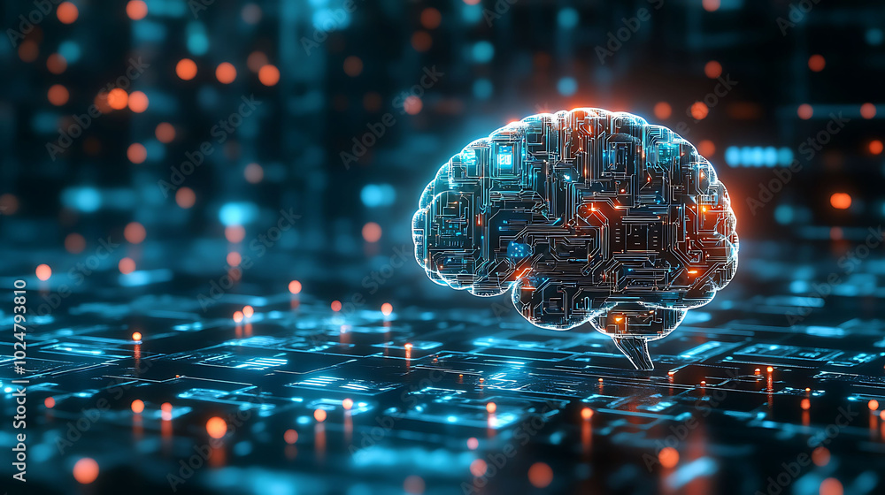 Poster a glowing circuit board shaped as a brain sits on a dark blue circuit board with a bokeh background.